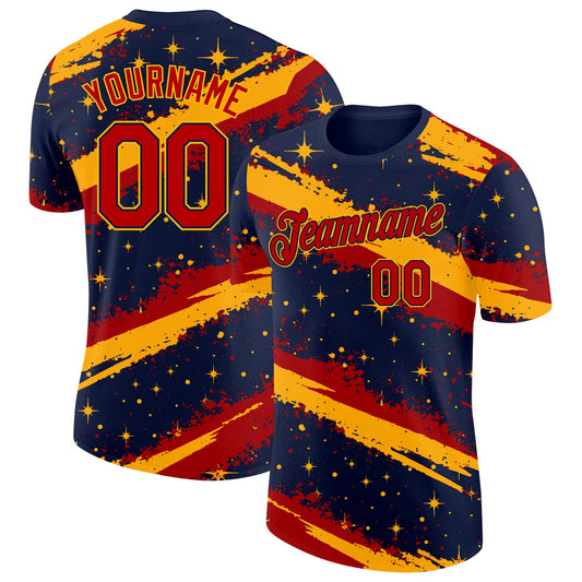 Custom Navy Red-Gold Brush Stroke Splatter Starburst Performance T-Shirt - Main View