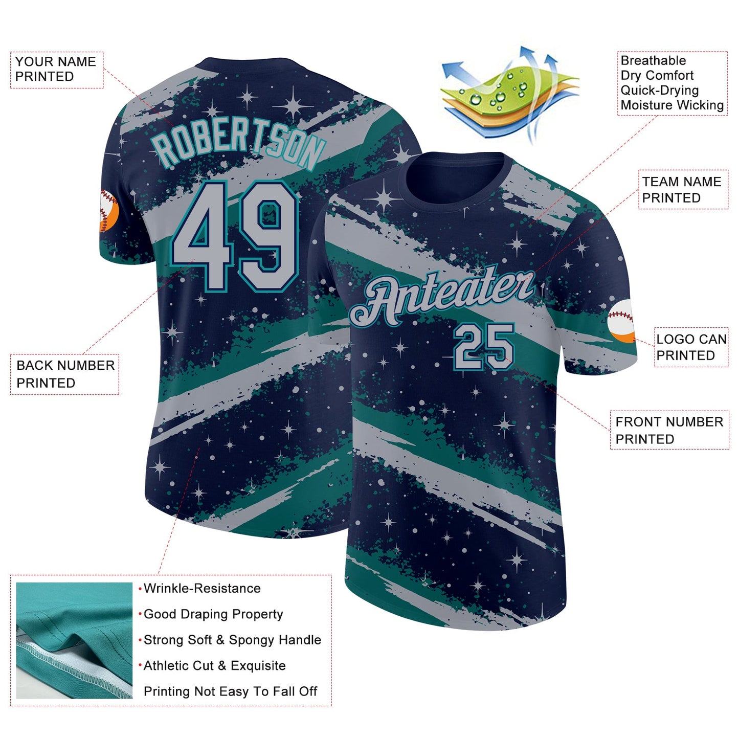 Custom Navy Gray-Teal Brush Stroke Splatter Starburst Performance T-Shirt view 2