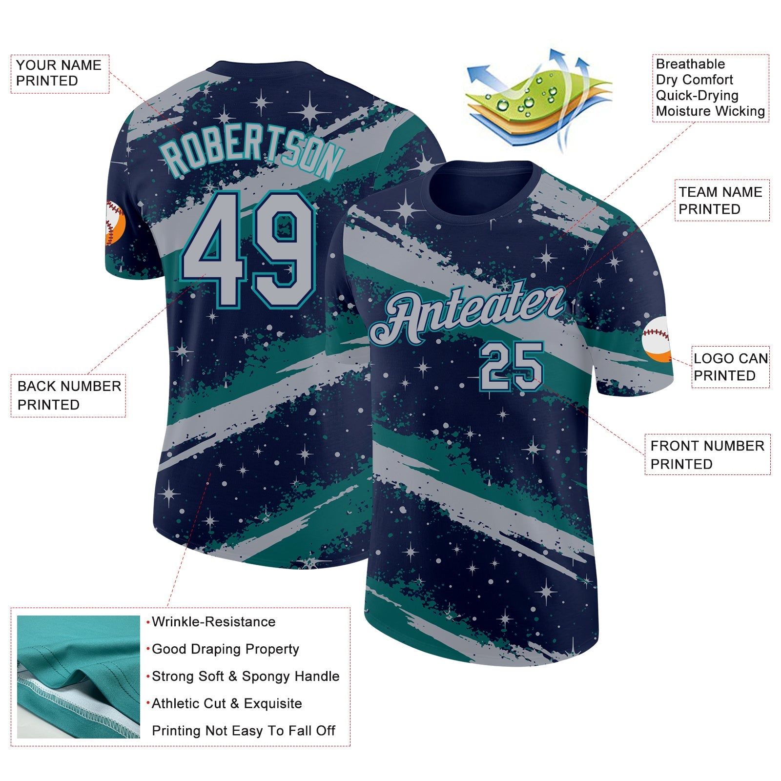 Custom Navy Gray-Teal Brush Stroke Splatter Starburst Performance T-Shirt view 2