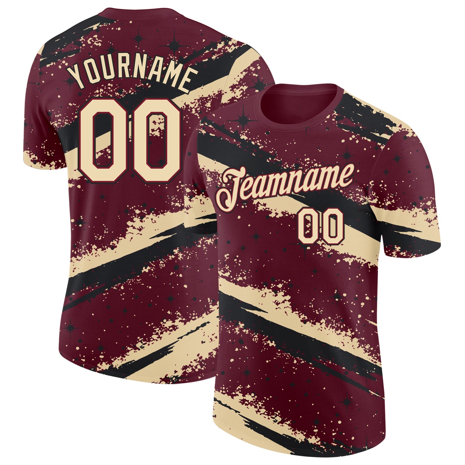 Custom Crimson Cream-Black Brush Stroke Splatter Starburst Performance T-Shirt - Main View
