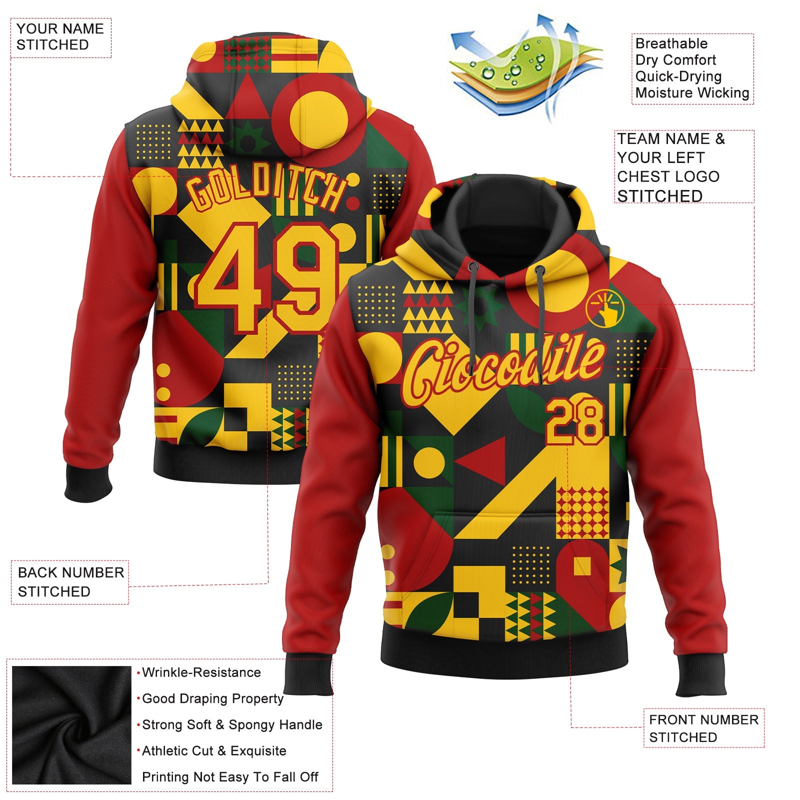 Custom Stitched Black Yellow-Red 3D Pattern Design Black History Month Sports Pullover Sweatshirt Hoodie view 2