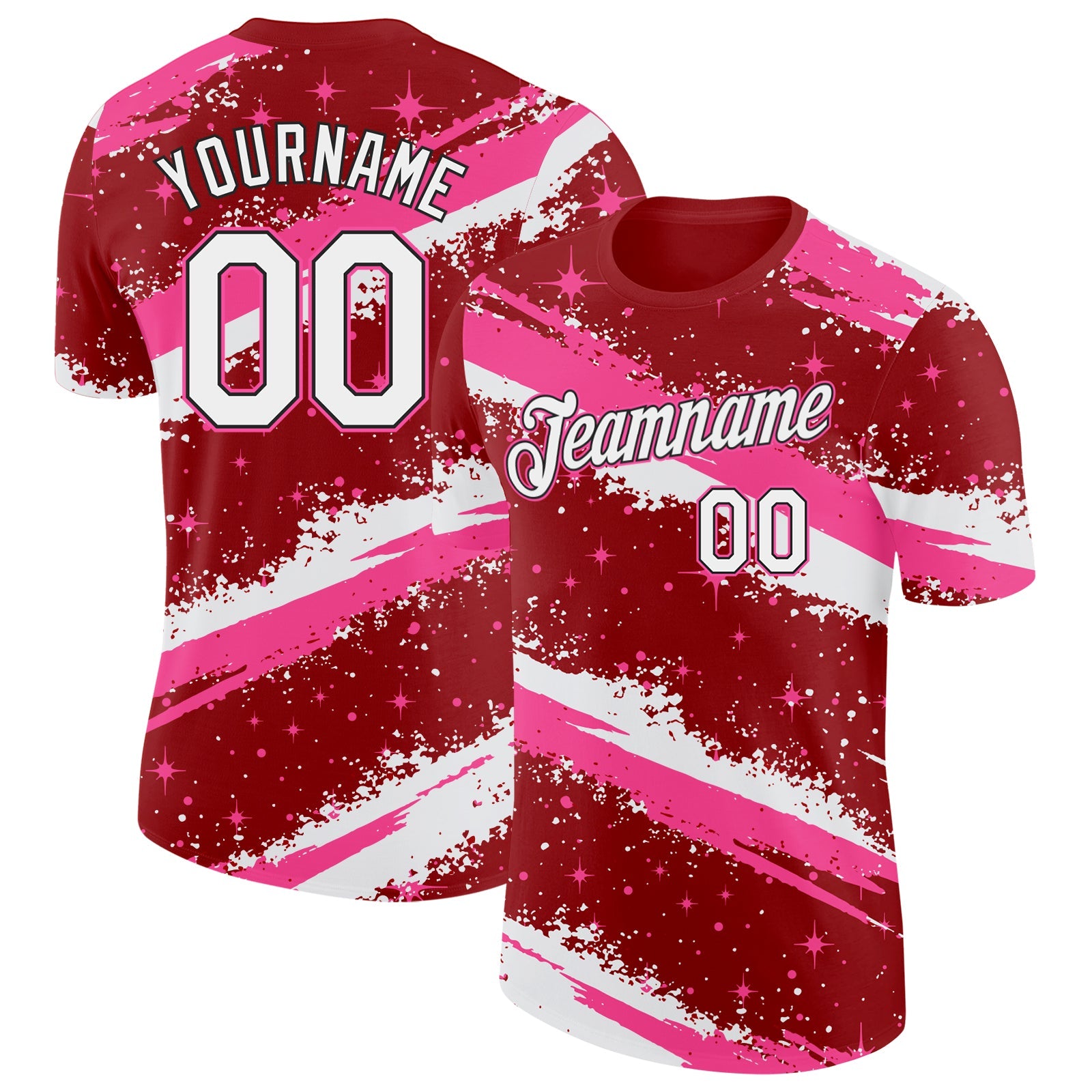 Custom Red White Pink-Black Brush Stroke Splatter Starburst Performance T-Shirt - Main View