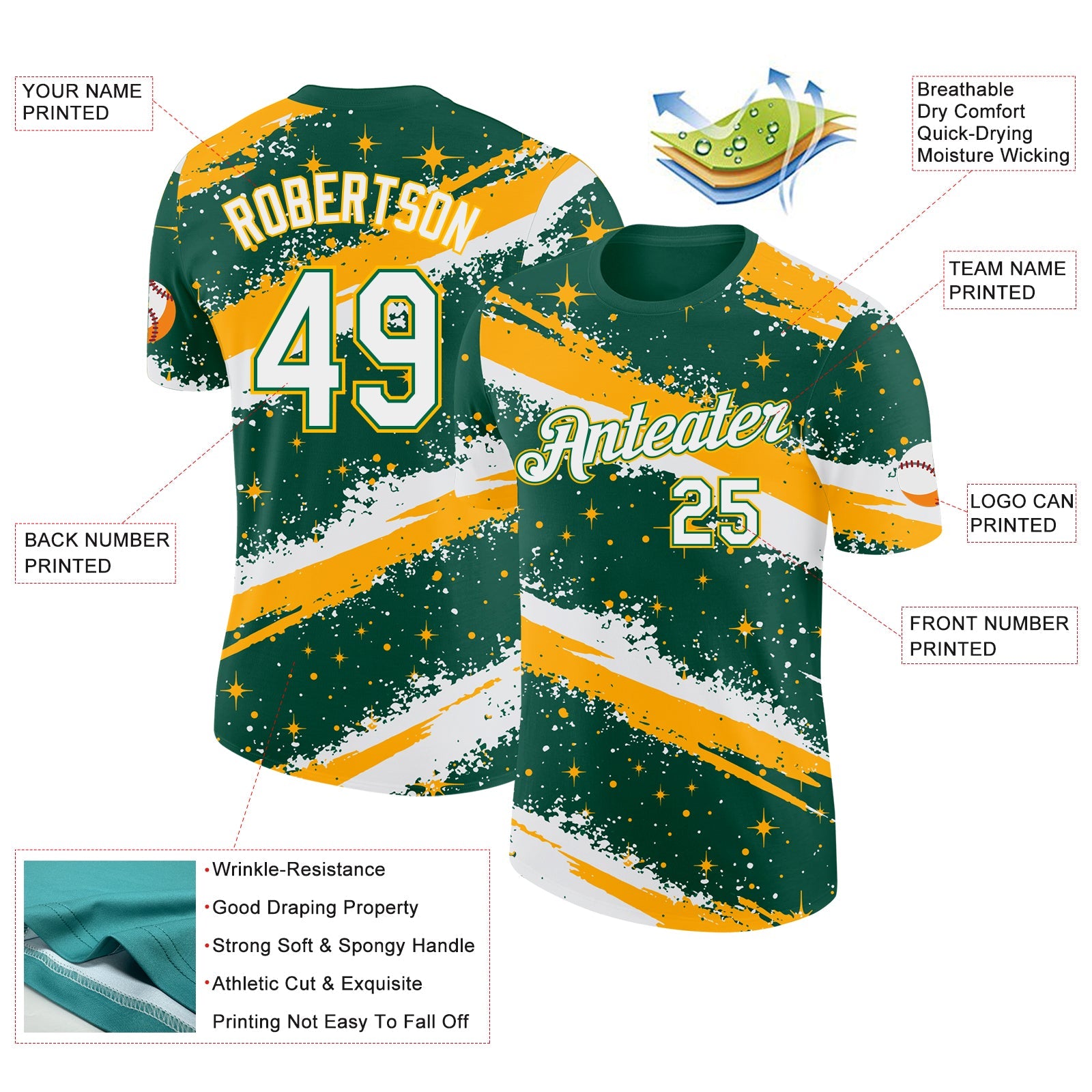 Custom Kelly Green White-Gold Brush Stroke Splatter Starburst Performance T-Shirt view 2