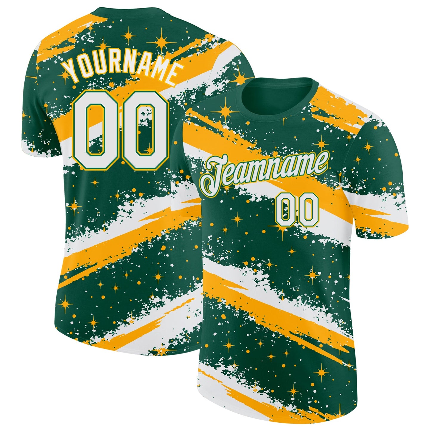 Custom Kelly Green White-Gold Brush Stroke Splatter Starburst Performance T-Shirt - Main View