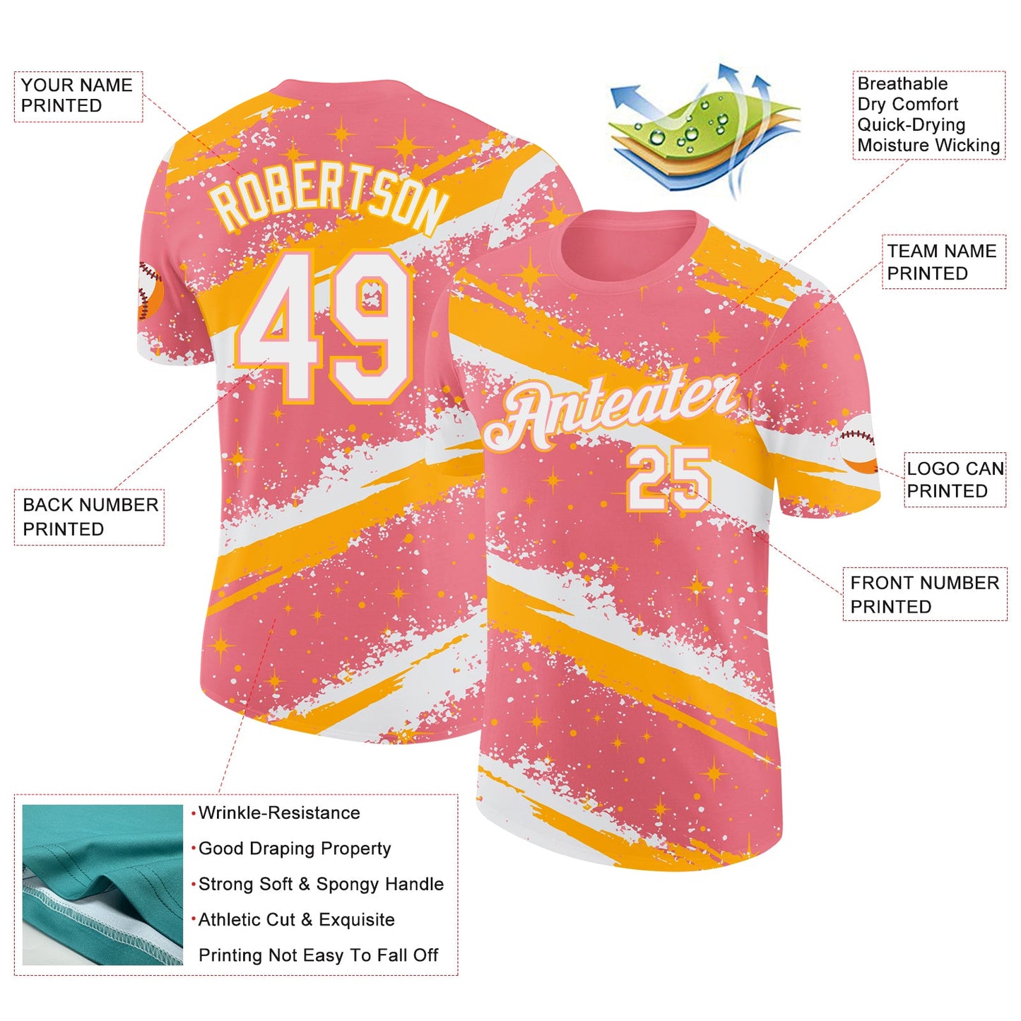 Custom Medium Pink White-Gold Brush Stroke Splatter Starburst Performance T-Shirt view 2