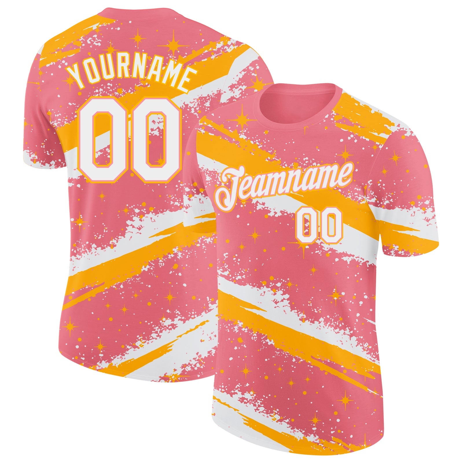 Custom Medium Pink White-Gold Brush Stroke Splatter Starburst Performance T-Shirt - Main View