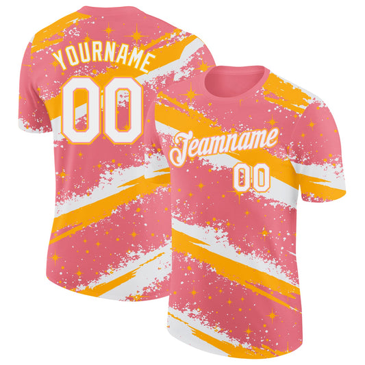 Custom Medium Pink White-Gold Brush Stroke Splatter Starburst Performance T-Shirt - Main View