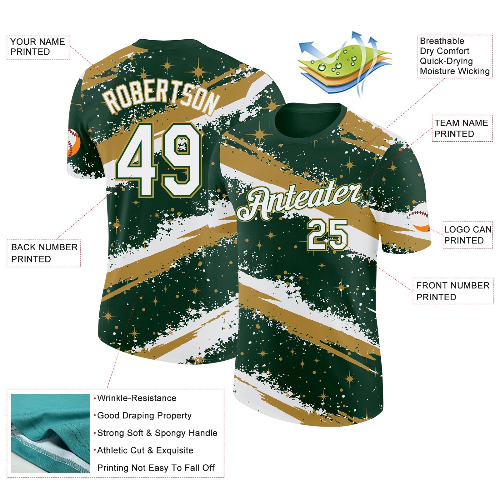 Custom Green White-Old Gold Brush Stroke Splatter Starburst Performance T-Shirt view 2
