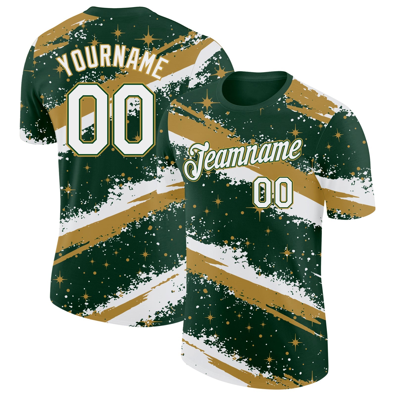 Custom Green White-Old Gold Brush Stroke Splatter Starburst Performance T-Shirt - Main View