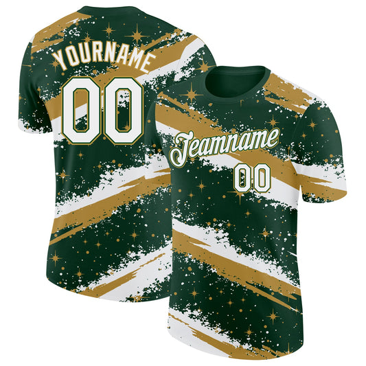 Custom Green White-Old Gold Brush Stroke Splatter Starburst Performance T-Shirt - Main View