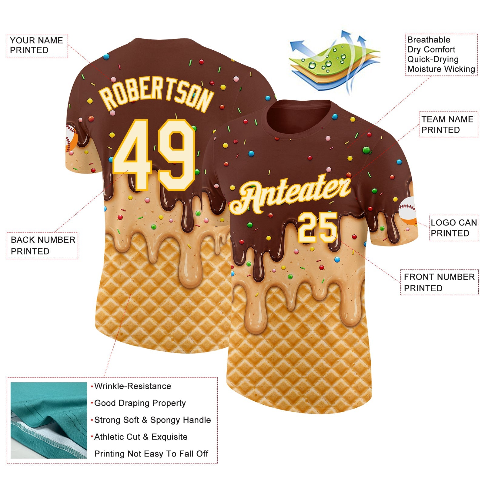 Custom Brown Cream-Gold Ice Cream Waffle Foodie Dessert Performance T-Shirt view 2