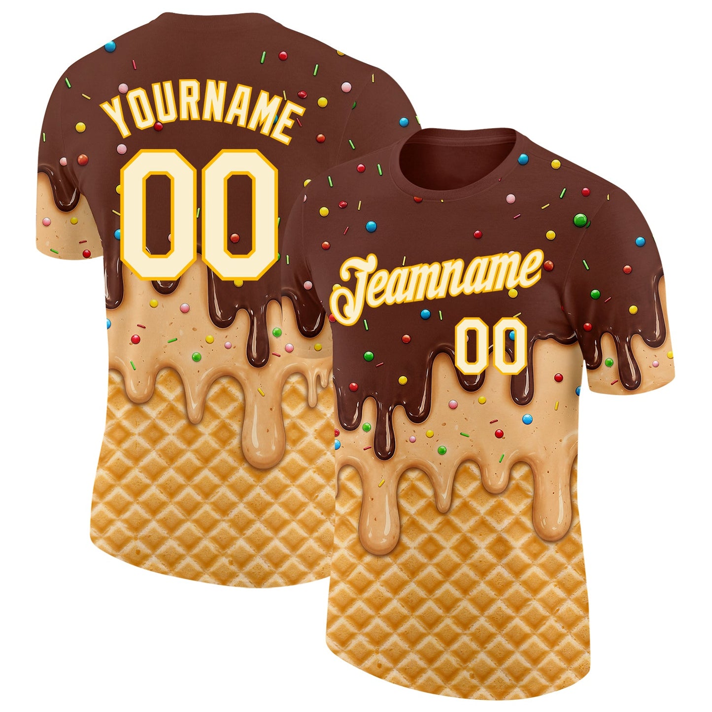 Custom Brown Cream-Gold Ice Cream Waffle Foodie Dessert Performance T-Shirt - Main View