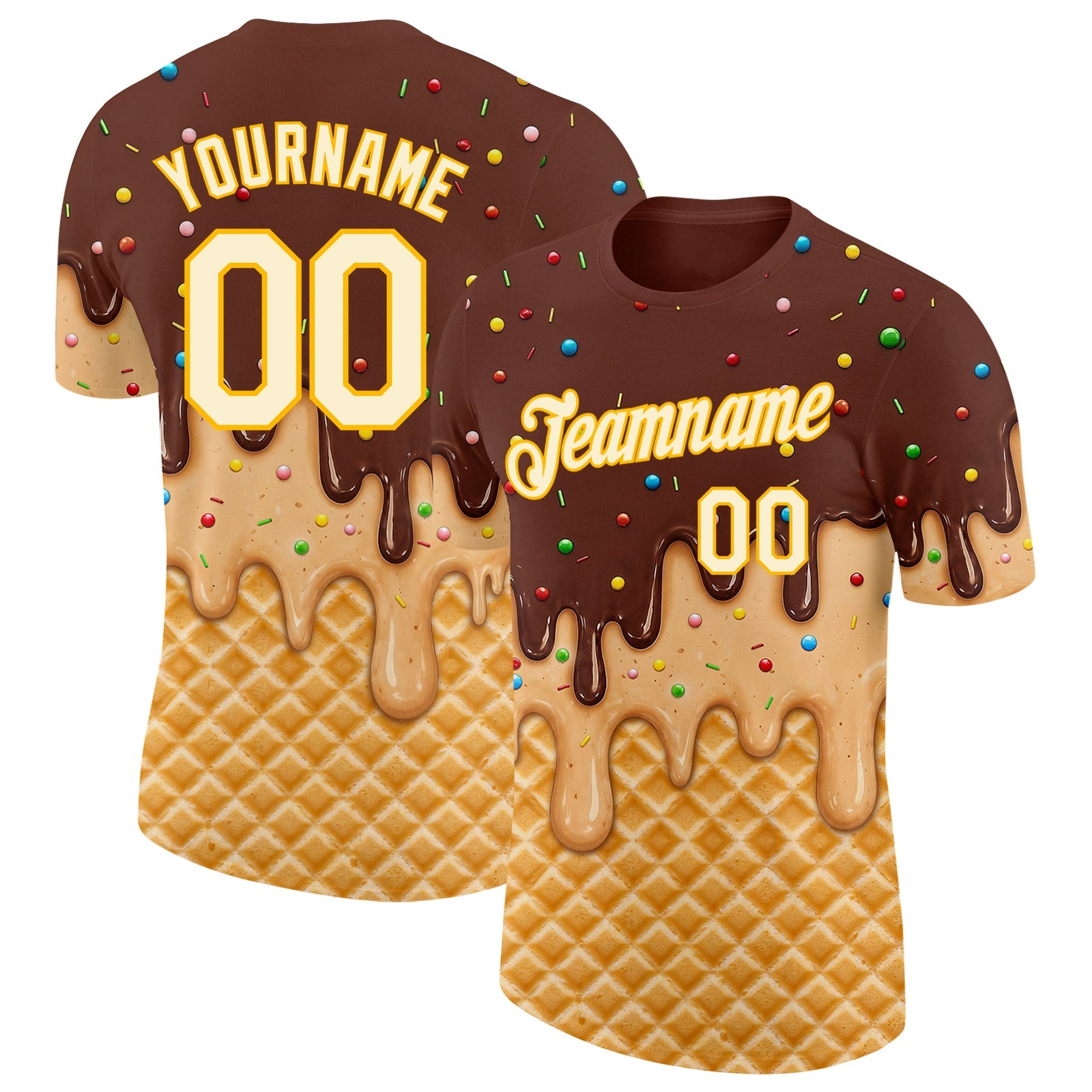 Custom Brown Cream-Gold Ice Cream Waffle Foodie Dessert Performance T-Shirt - Main View