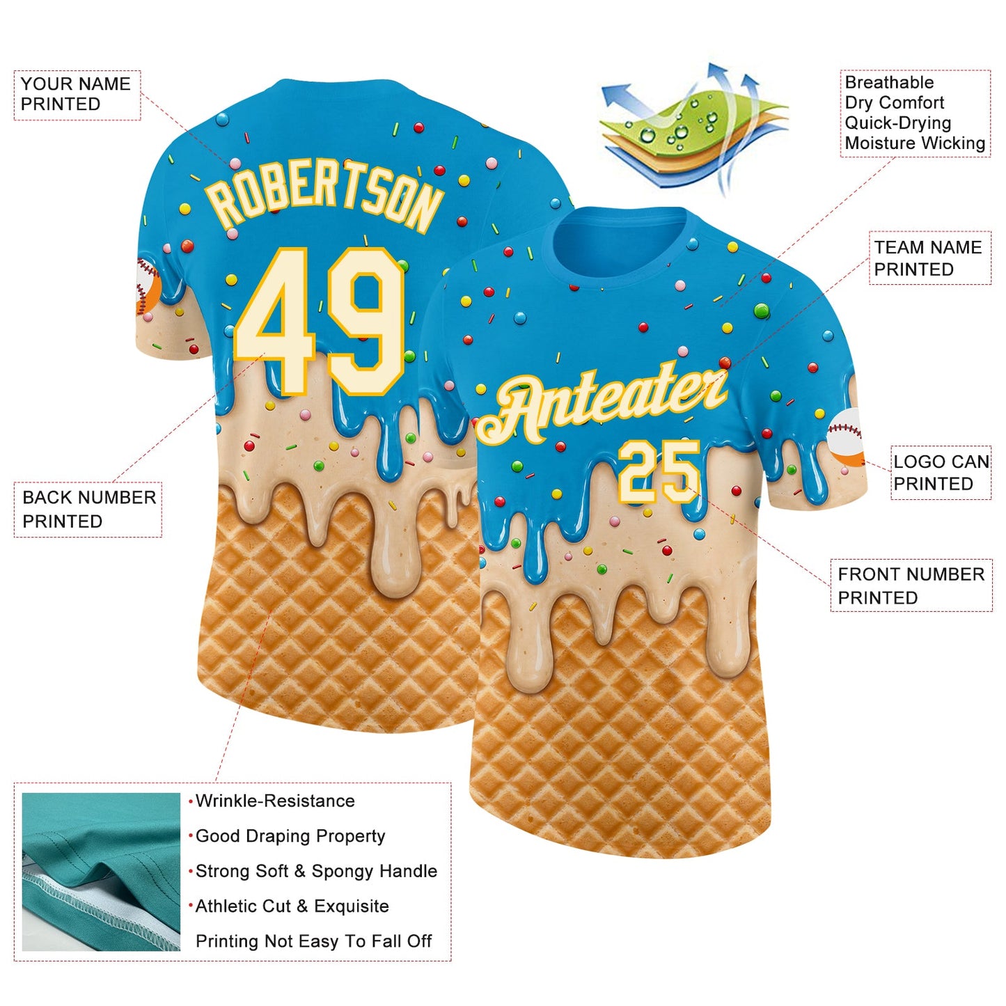 Custom Sky Blue Cream-Gold Ice Cream Waffle Foodie Dessert Performance T-Shirt view 2