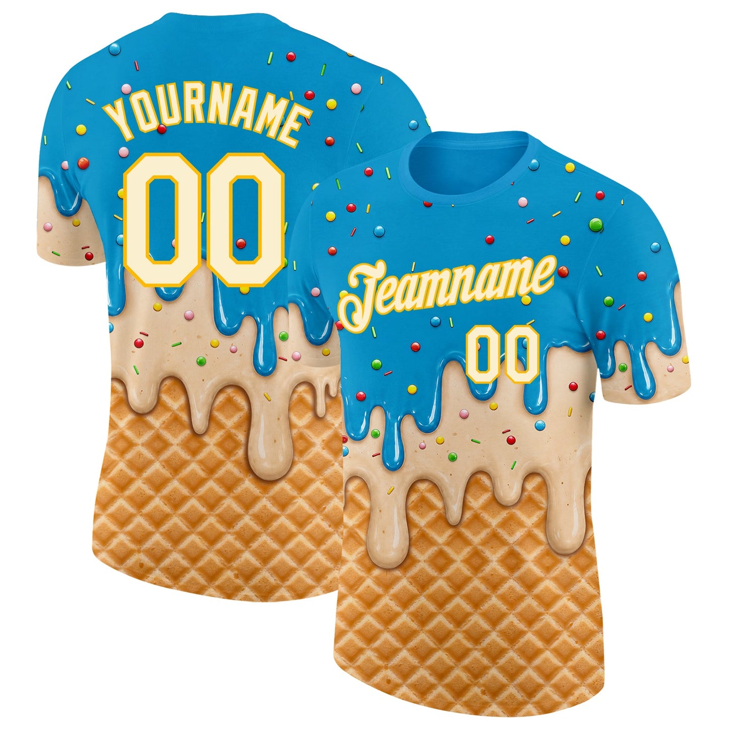Custom Sky Blue Cream-Gold Ice Cream Waffle Foodie Dessert Performance T-Shirt - Main View