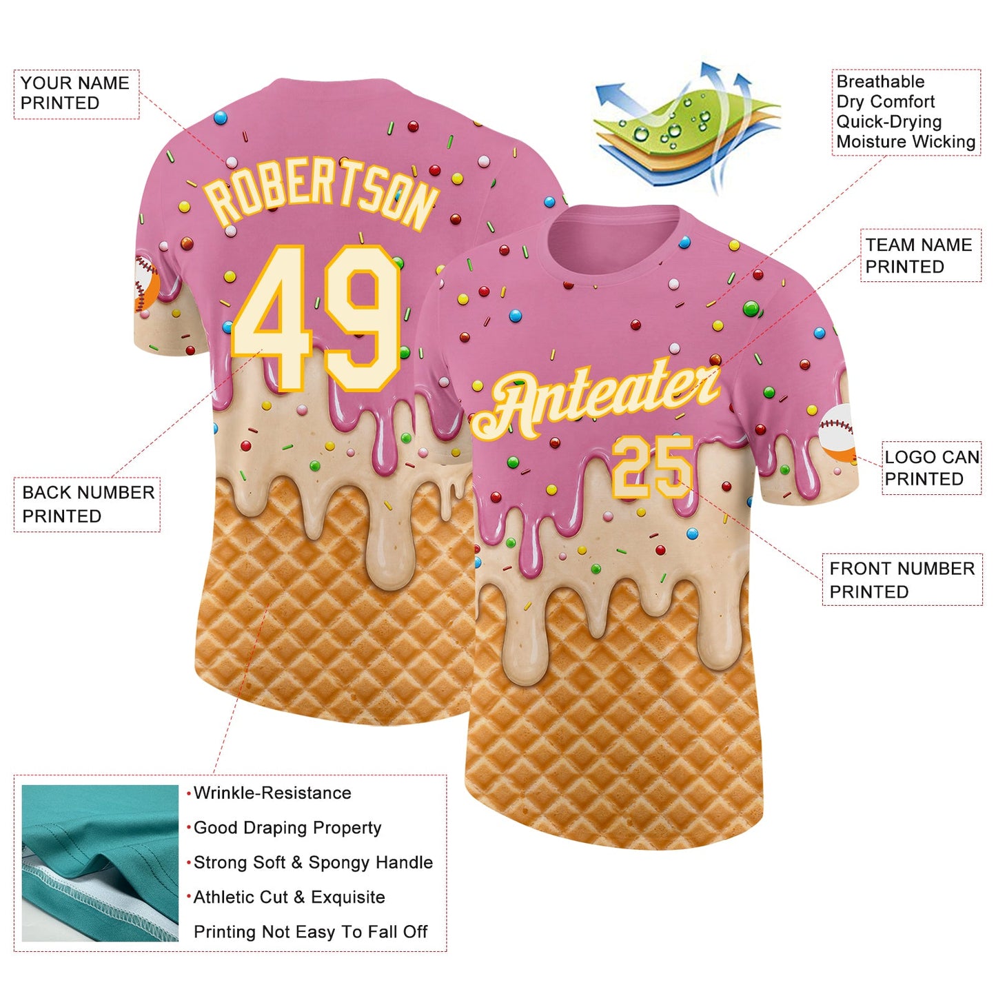 Custom Light Pink Cream-Gold Ice Cream Waffle Foodie Dessert Performance T-Shirt view 2