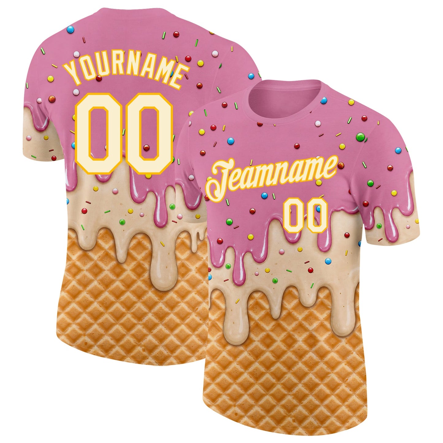 Custom Light Pink Cream-Gold Ice Cream Waffle Foodie Dessert Performance T-Shirt - Main View