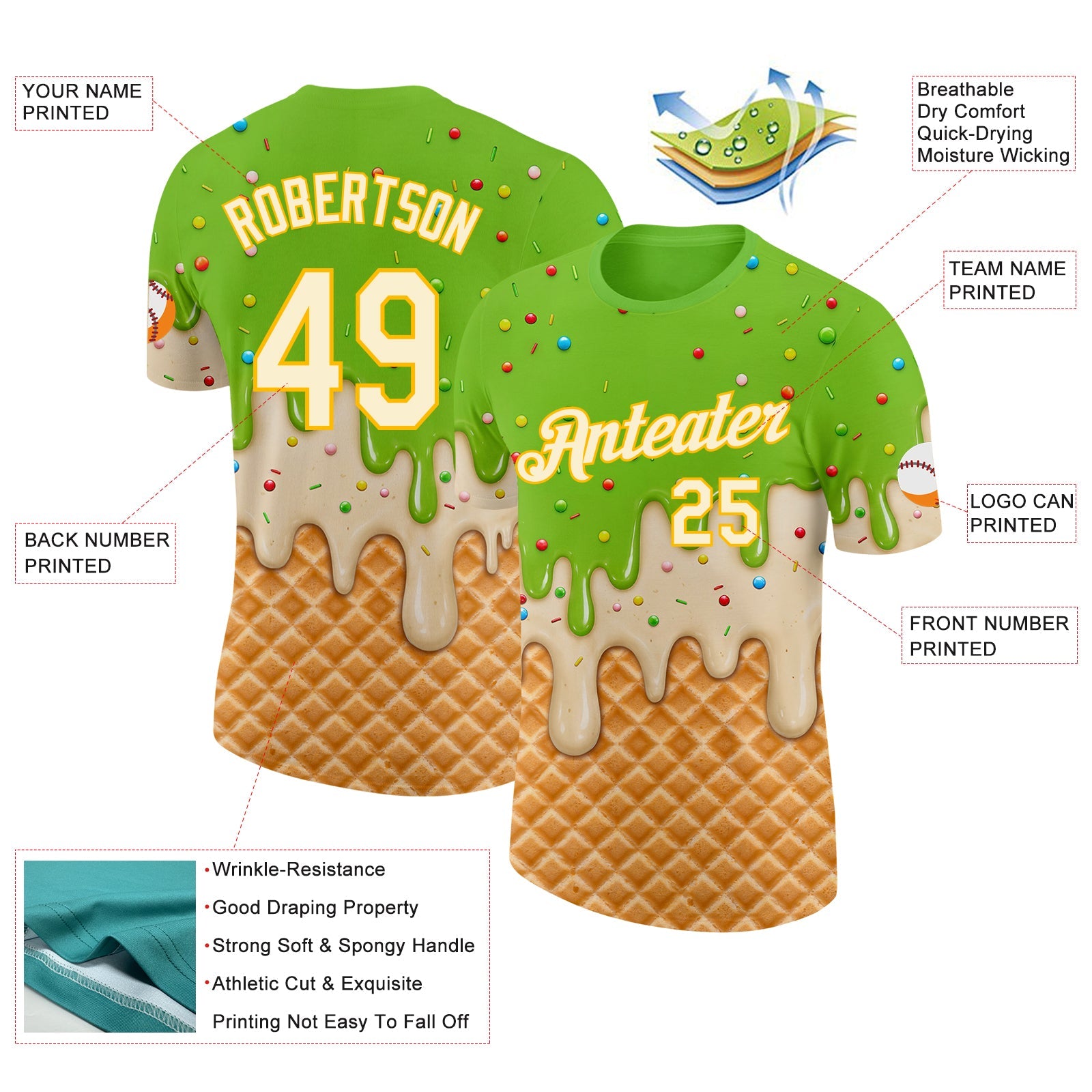 Custom Neon Green Cream-Gold Ice Cream Waffle Foodie Dessert Performance T-Shirt view 2