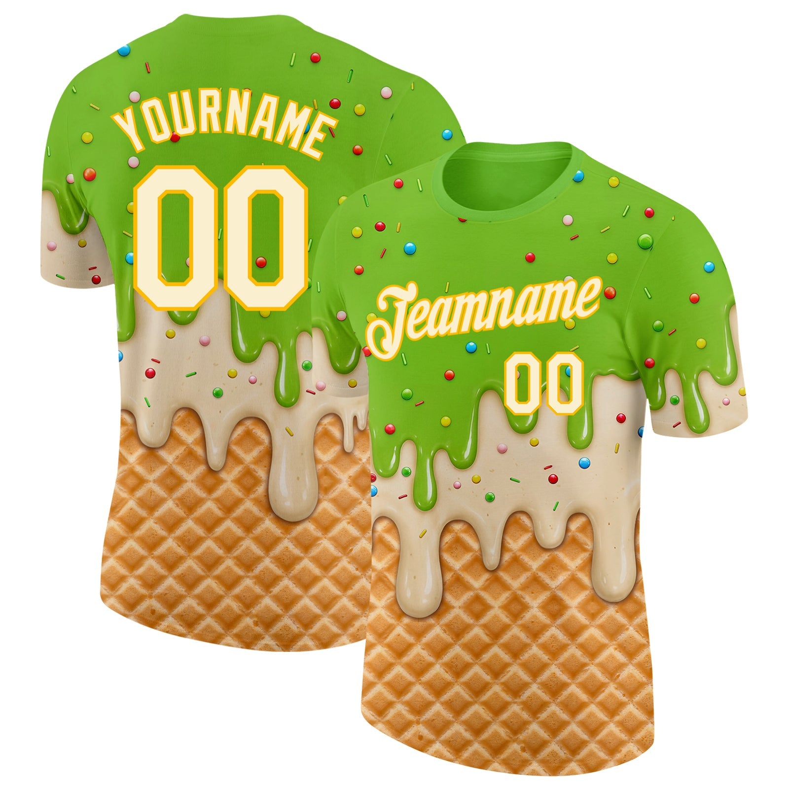 Custom Neon Green Cream-Gold Ice Cream Waffle Foodie Dessert Performance T-Shirt - Main View