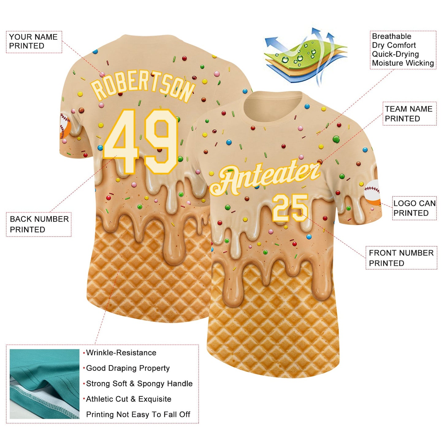 Custom Cream-Gold Ice Cream Waffle Foodie Dessert Performance T-Shirt view 2