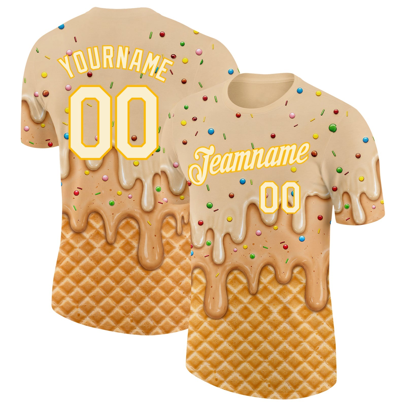 Custom Cream-Gold Ice Cream Waffle Foodie Dessert Performance T-Shirt - Main View