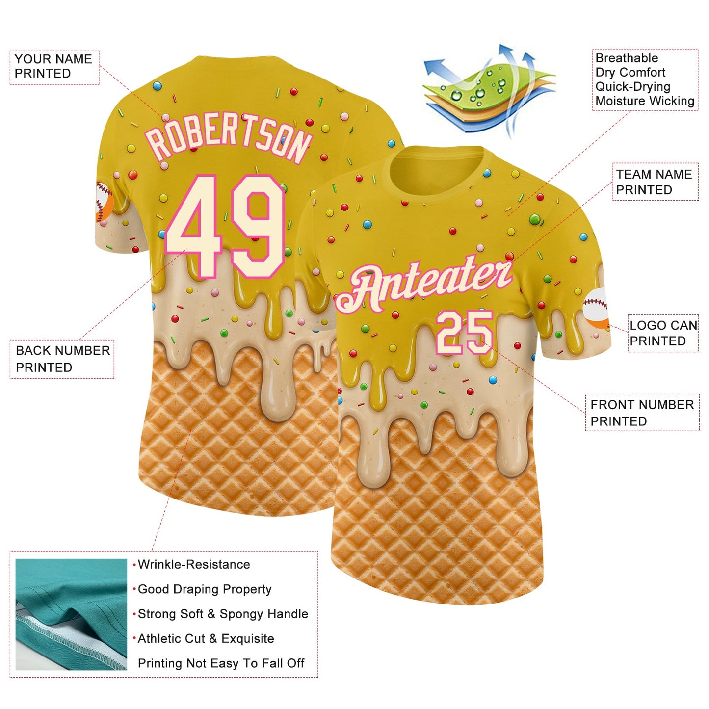 Custom Yellow Cream-Pink Ice Cream Waffle Foodie Dessert Performance T-Shirt view 2