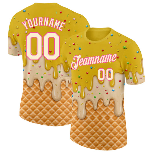 Custom Yellow Cream-Pink Ice Cream Waffle Foodie Dessert Performance T-Shirt - Main View