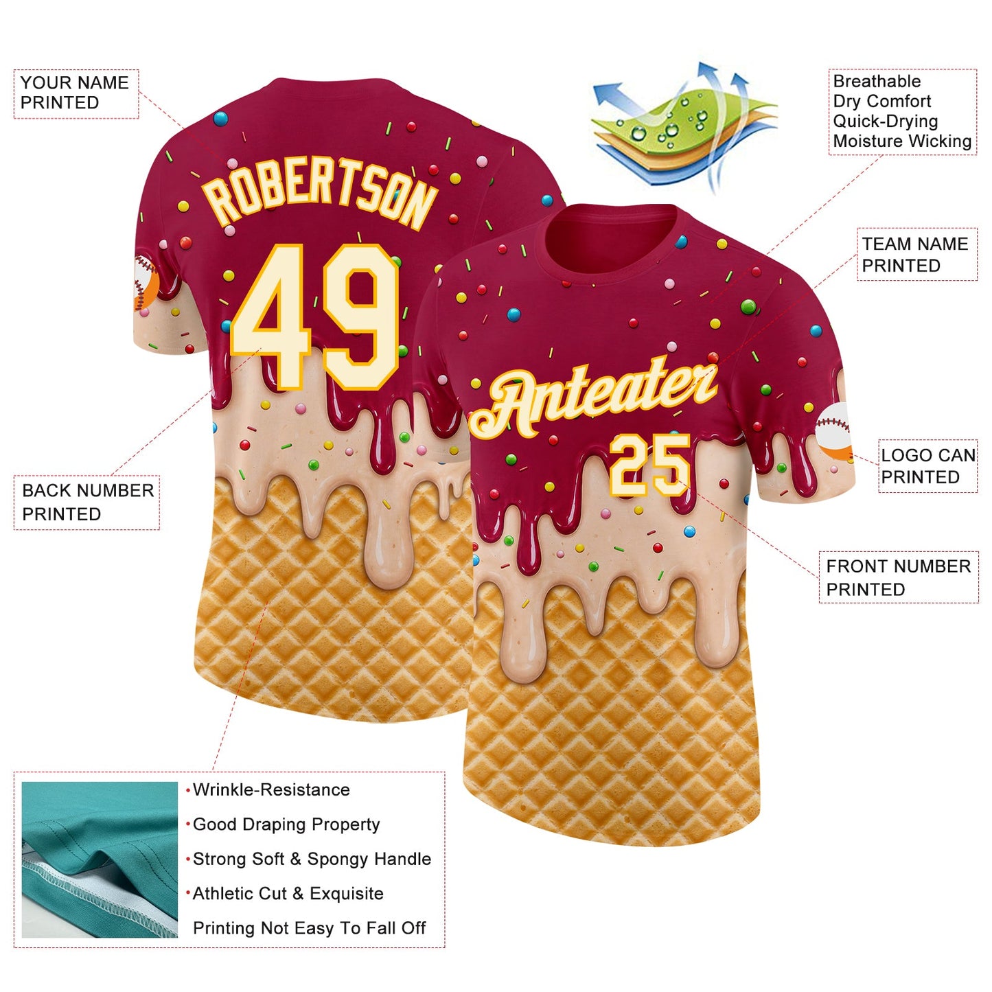 Custom Maroon Cream-Gold Ice Cream Waffle Foodie Dessert Performance T-Shirt view 2