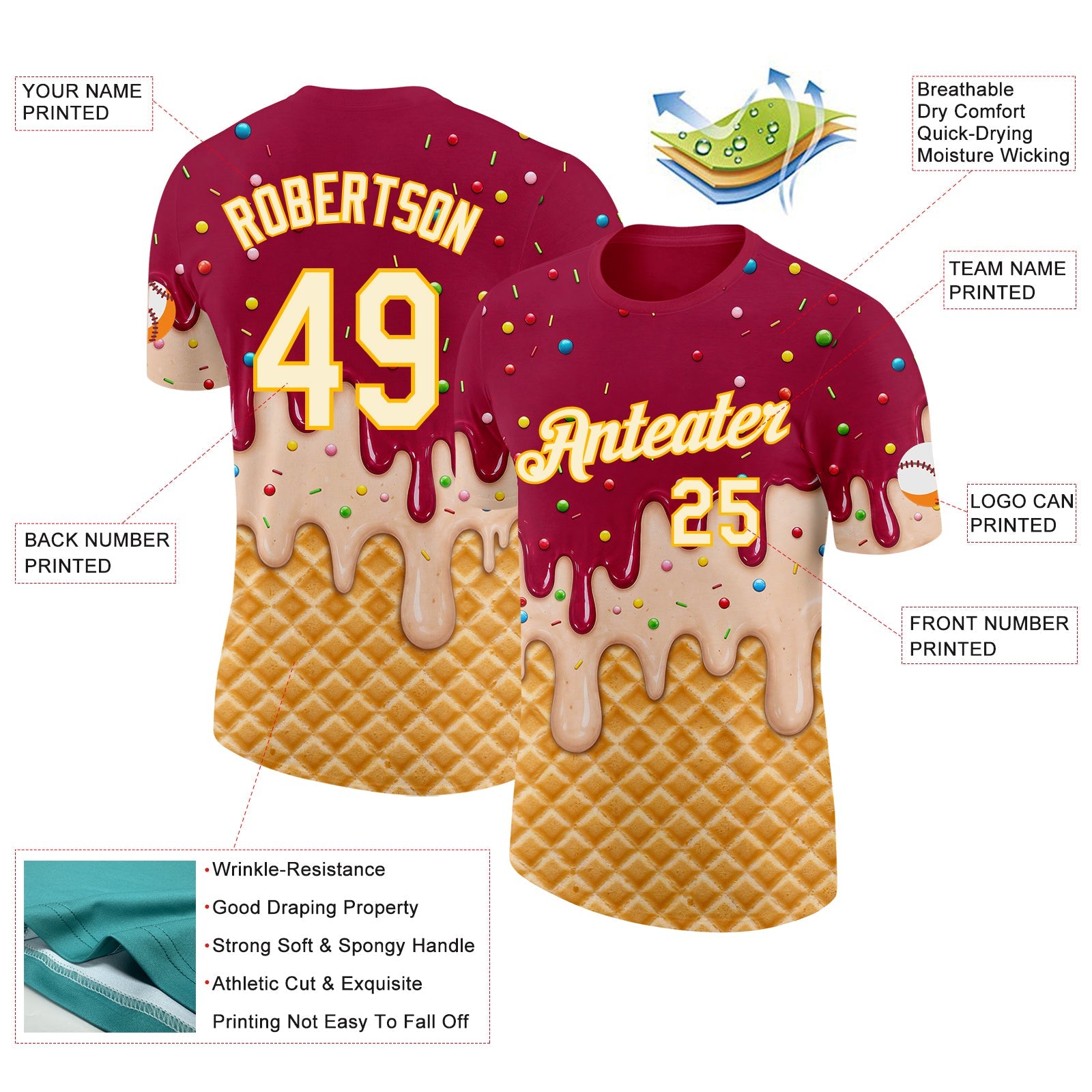 Custom Maroon Cream-Gold Ice Cream Waffle Foodie Dessert Performance T-Shirt view 2