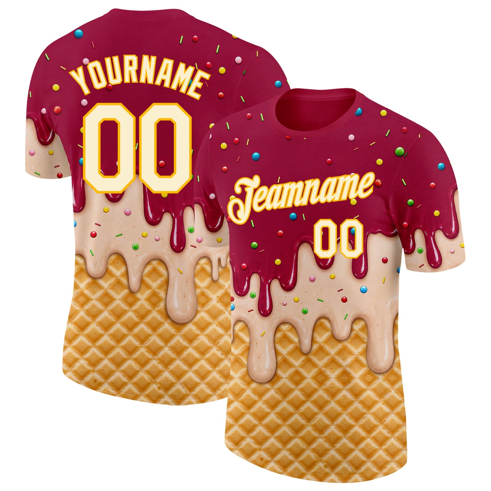 Custom Maroon Cream-Gold Ice Cream Waffle Foodie Dessert Performance T-Shirt - Main View
