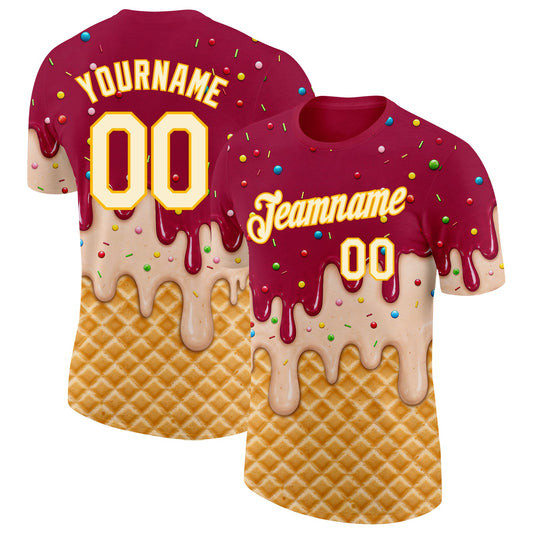 Custom Maroon Cream-Gold Ice Cream Waffle Foodie Dessert Performance T-Shirt - Main View