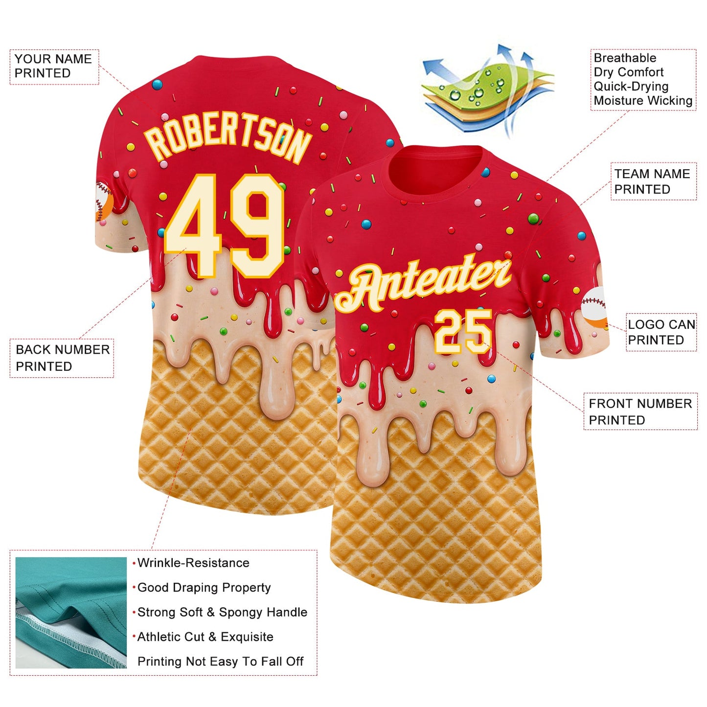 Custom Fire Red Cream-Gold Ice Cream Waffle Foodie Dessert Performance T-Shirt view 2