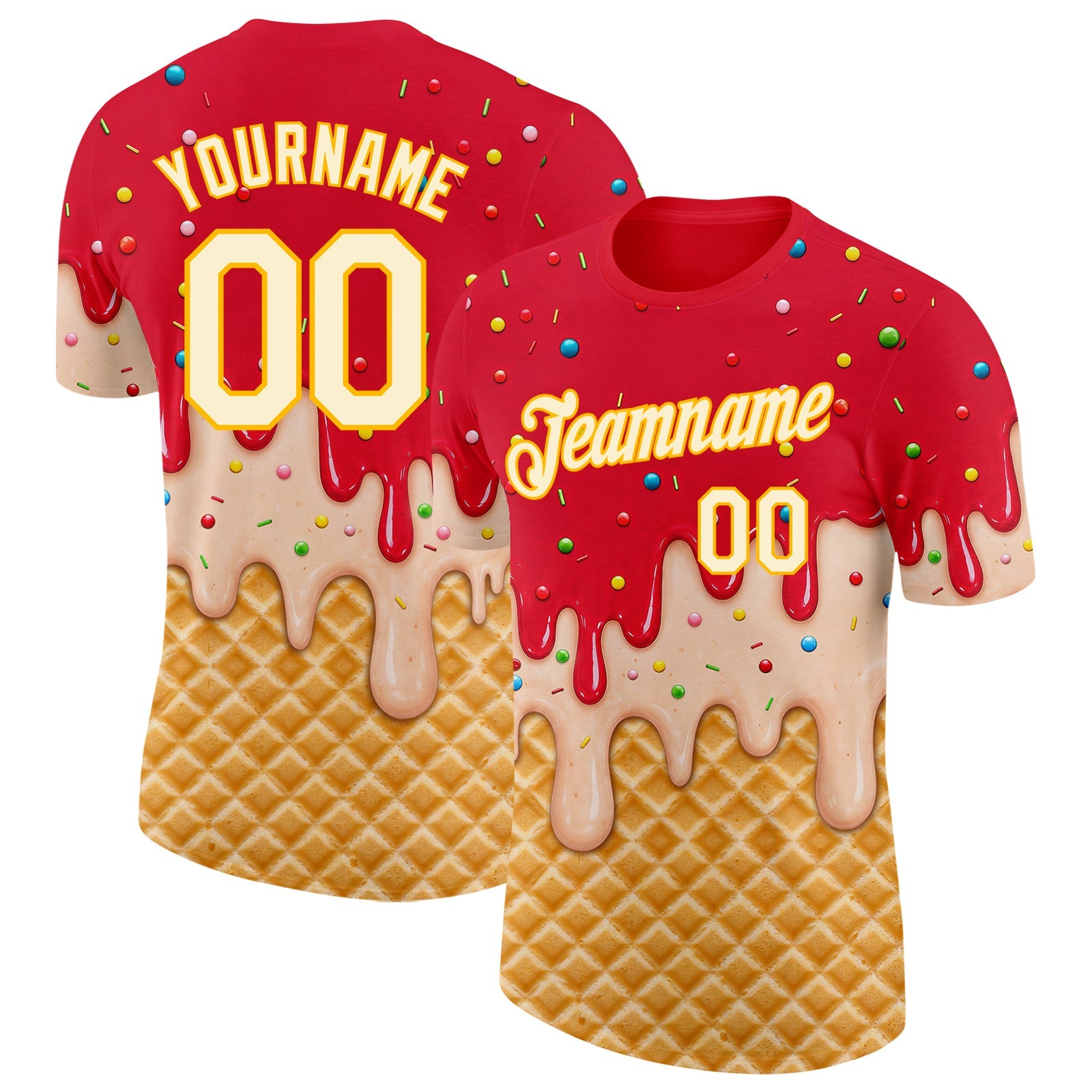 Custom Fire Red Cream-Gold Ice Cream Waffle Foodie Dessert Performance T-Shirt - Main View