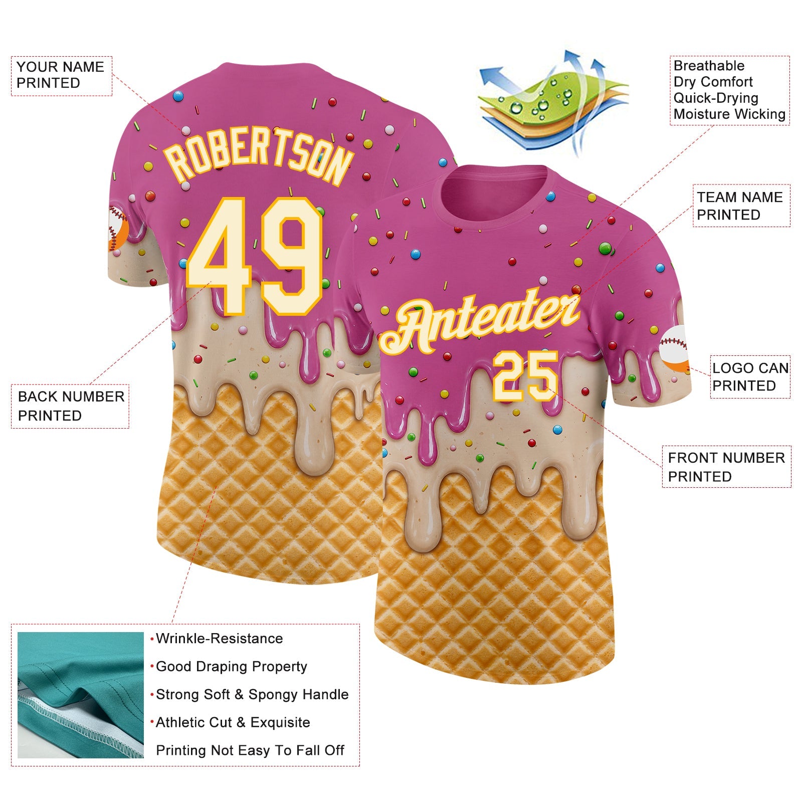 Custom Pink Cream-Gold Ice Cream Waffle Foodie Dessert Performance T-Shirt view 2