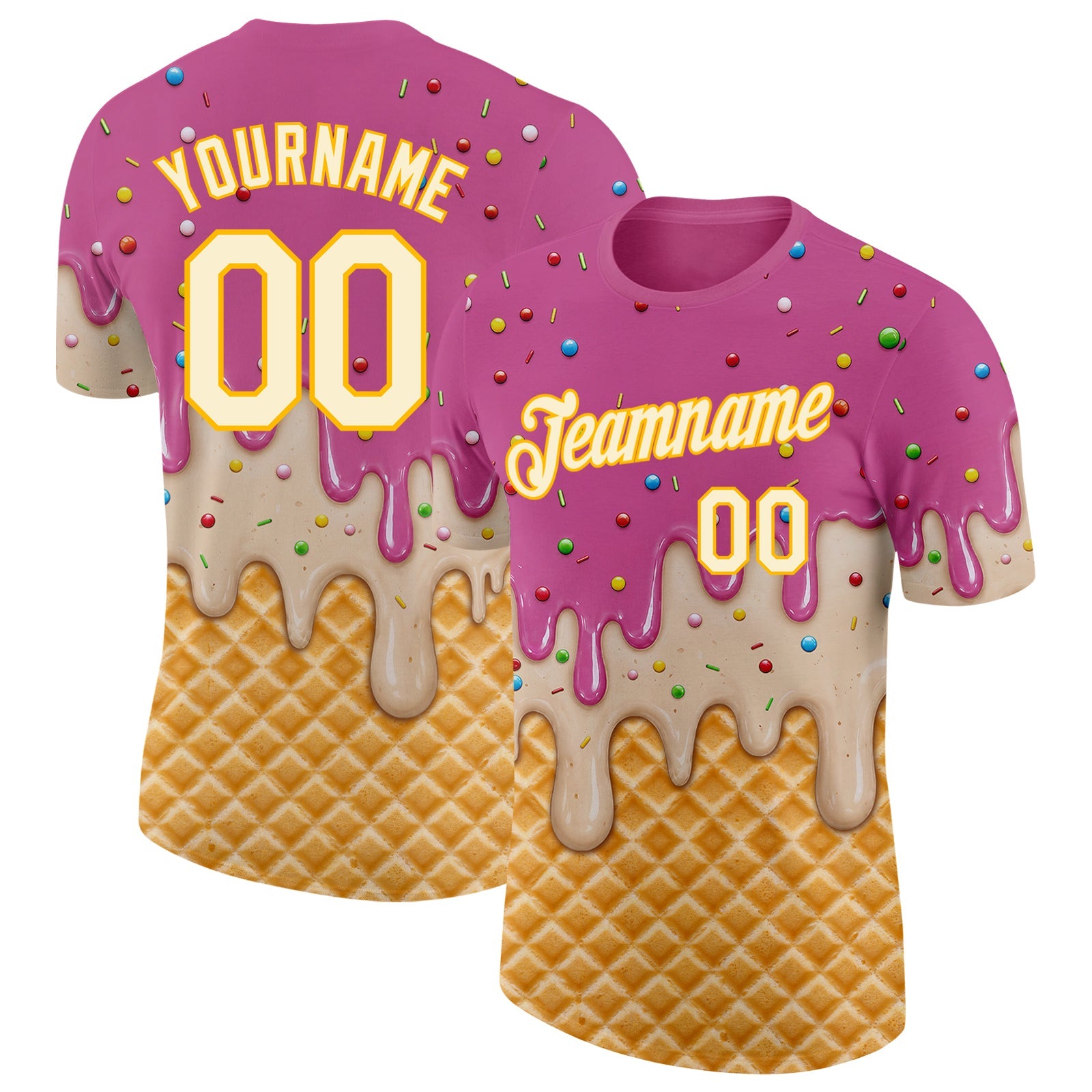 Custom Pink Cream-Gold Ice Cream Waffle Foodie Dessert Performance T-Shirt - Main View