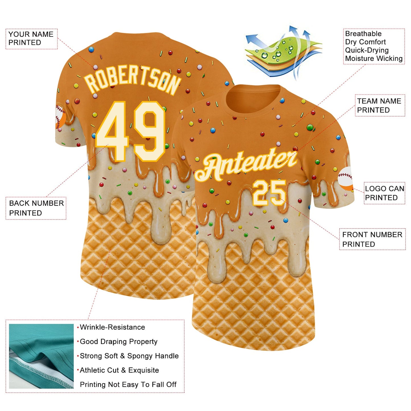 Custom Bay Orange Cream-Gold Ice Cream Waffle Foodie Dessert Performance T-Shirt view 2