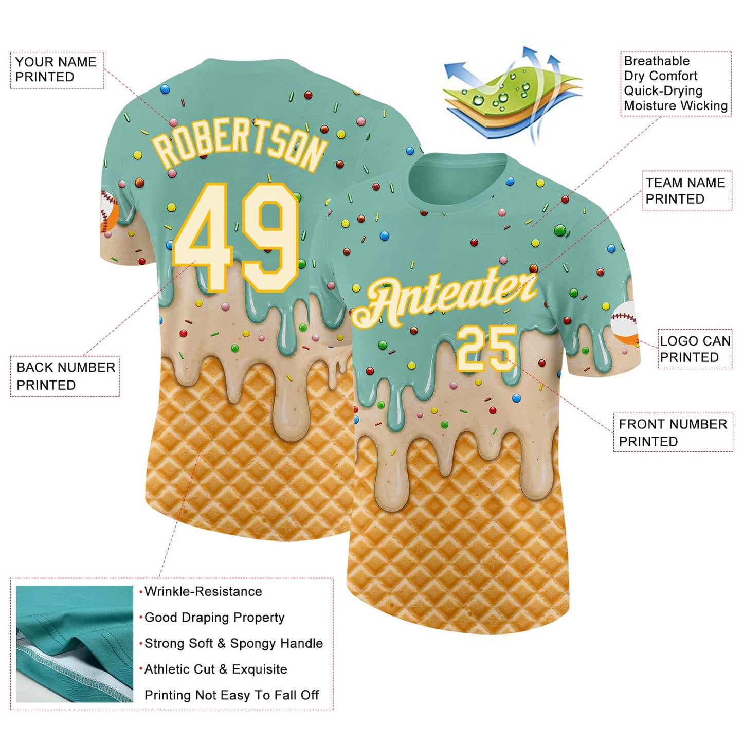Custom Ice Blue Cream-Gold Ice Cream Waffle Foodie Dessert Performance T-Shirt view 2