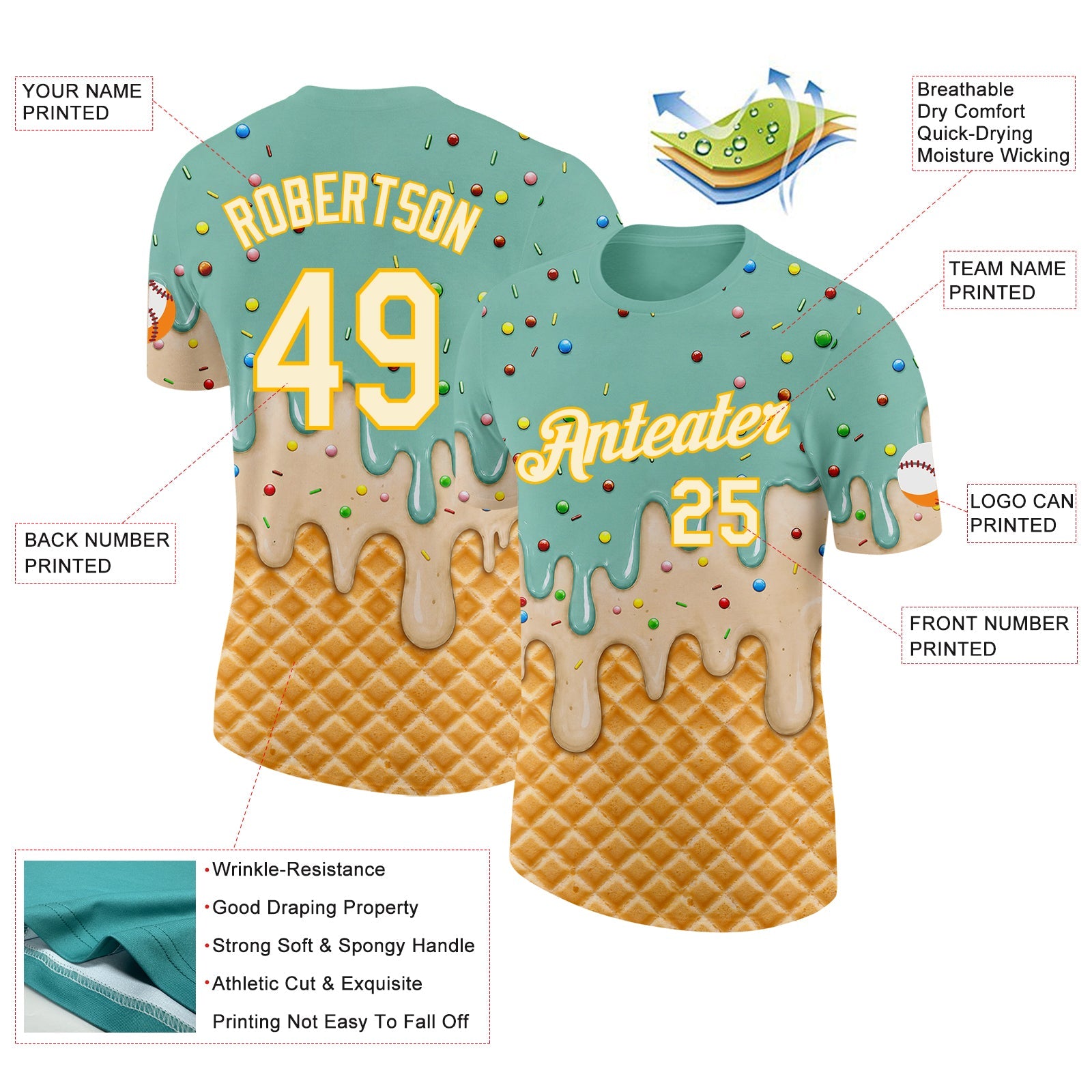Custom Ice Blue Cream-Gold Ice Cream Waffle Foodie Dessert Performance T-Shirt view 2
