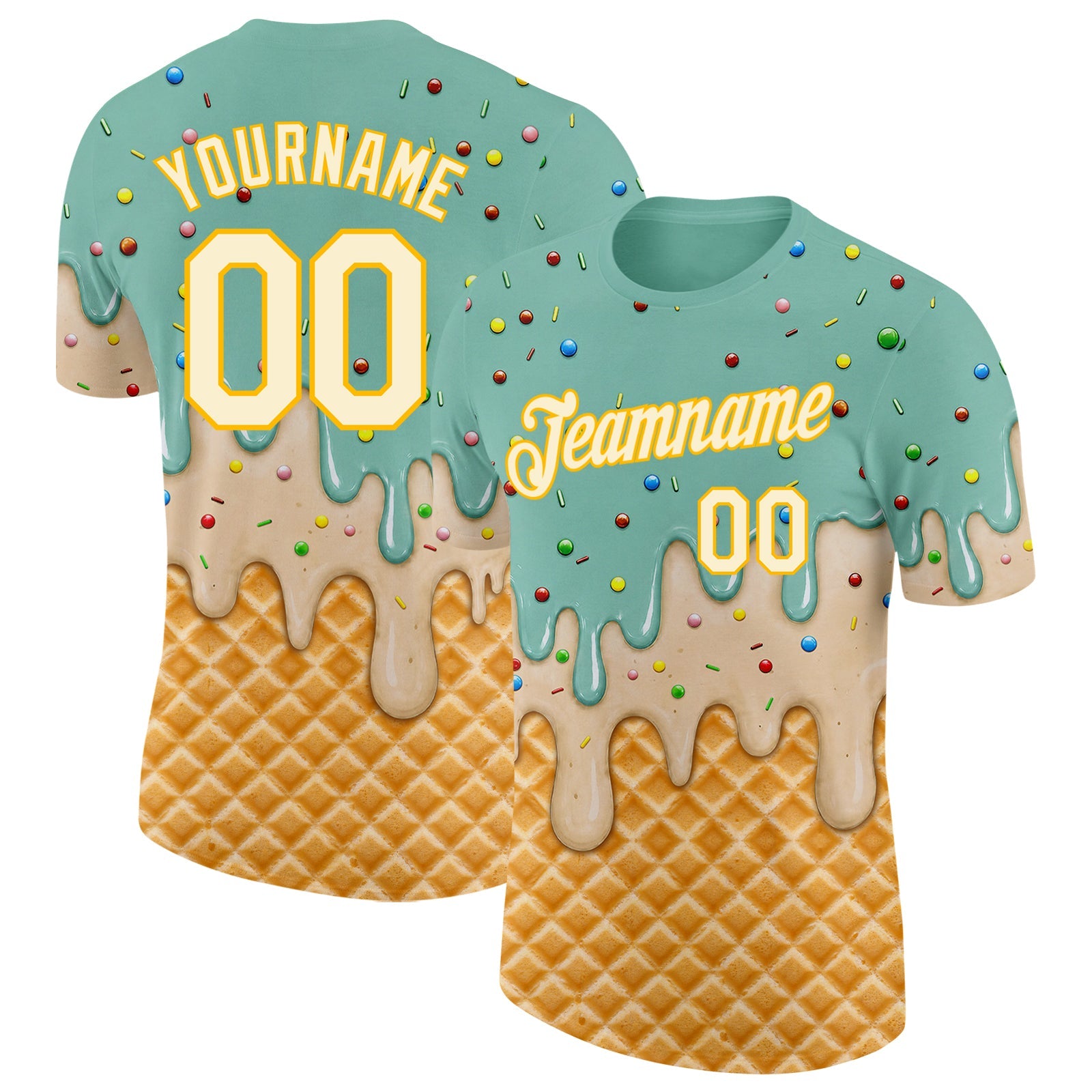 Custom Ice Blue Cream-Gold Ice Cream Waffle Foodie Dessert Performance T-Shirt - Main View