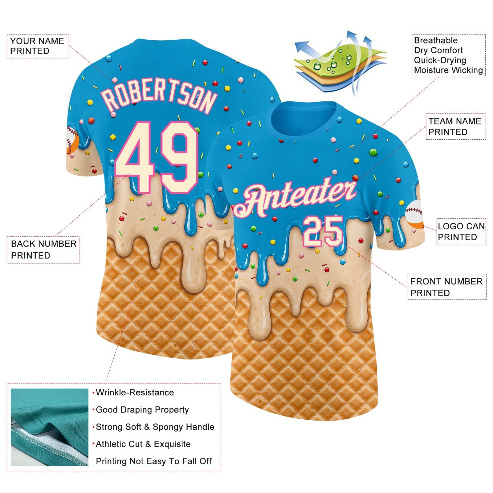 Custom Sky Blue Cream-Pink Ice Cream Waffle Foodie Dessert Performance T-Shirt view 2
