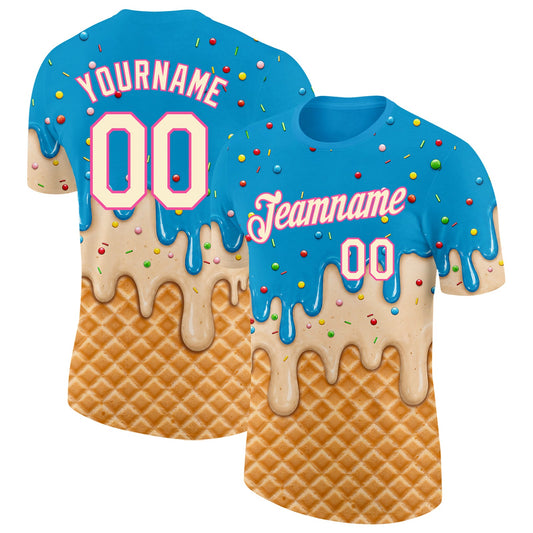 Custom Sky Blue Cream-Pink Ice Cream Waffle Foodie Dessert Performance T-Shirt - Main View