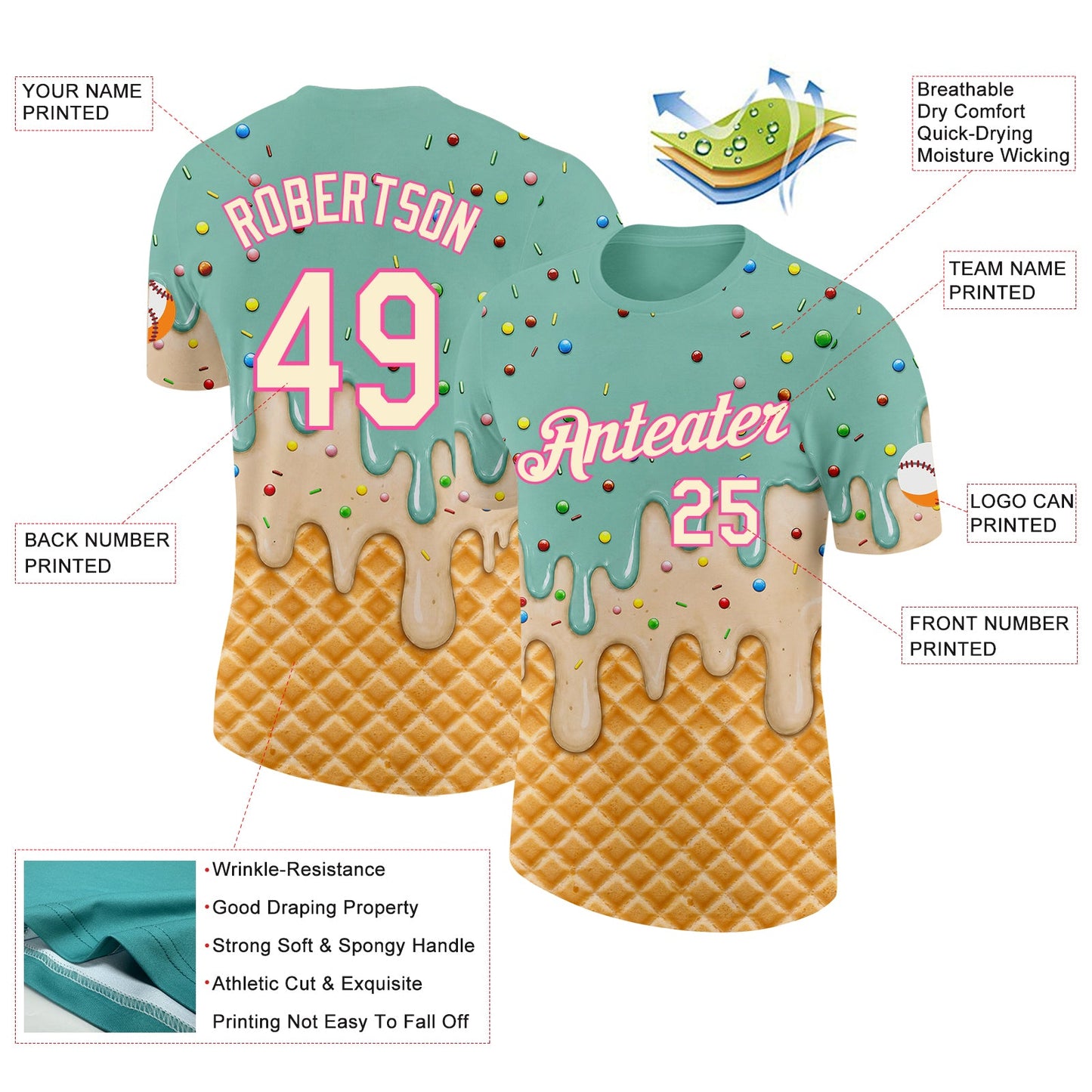 Custom Ice Blue Cream-Pink Ice Cream Waffle Foodie Dessert Performance T-Shirt view 2