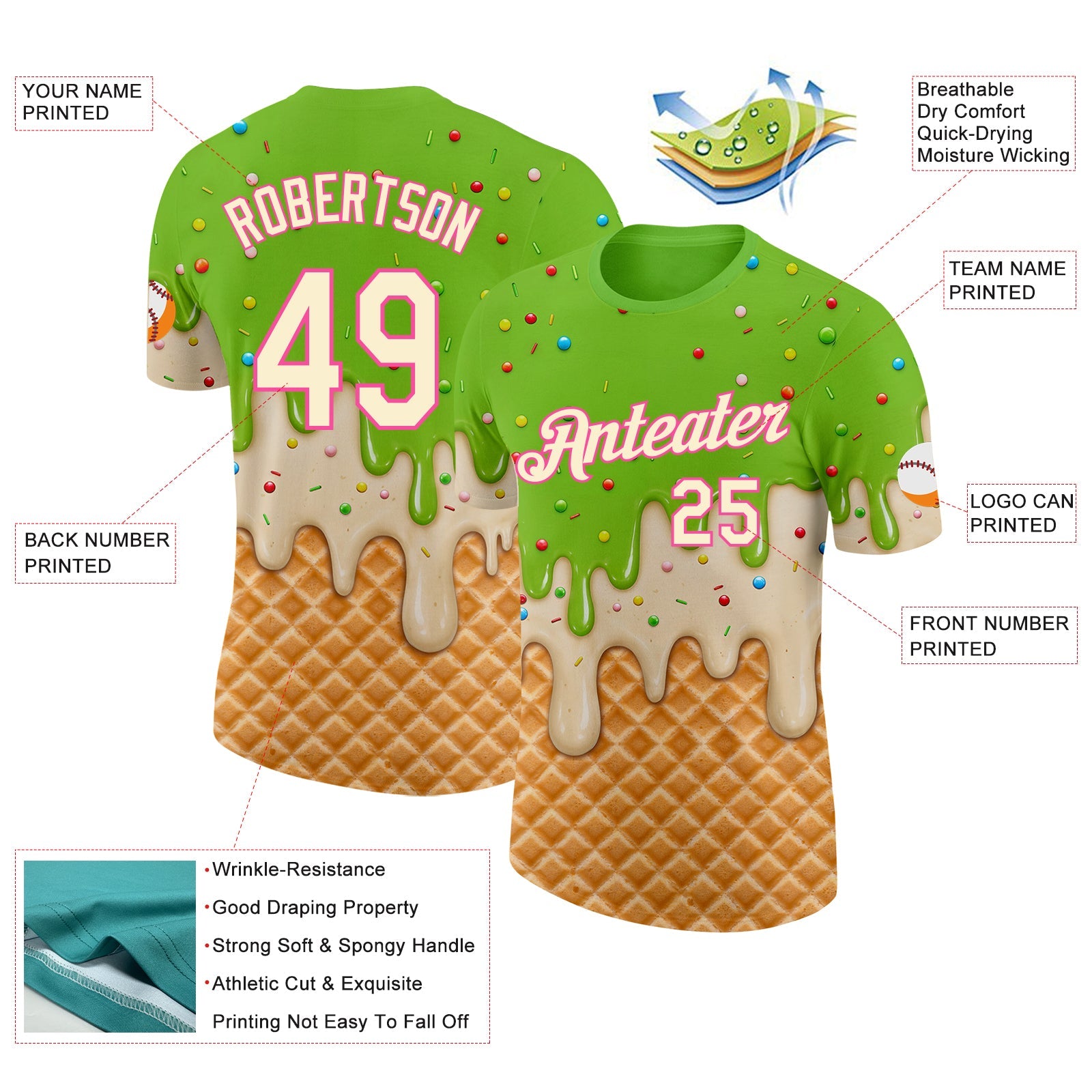 Custom Neon Green Cream-Pink Ice Cream Waffle Foodie Dessert Performance T-Shirt view 2