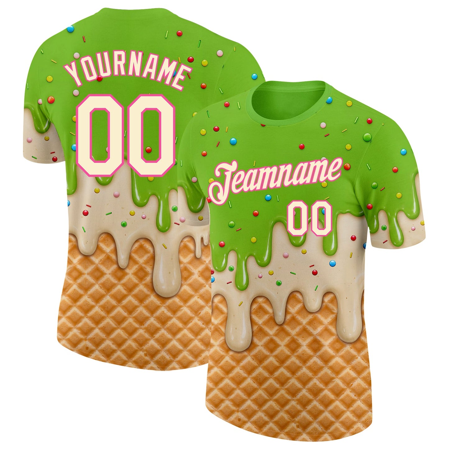 Custom Neon Green Cream-Pink Ice Cream Waffle Foodie Dessert Performance T-Shirt - Main View