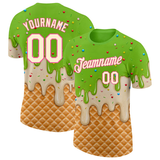 Custom Neon Green Cream-Pink Ice Cream Waffle Foodie Dessert Performance T-Shirt - Main View