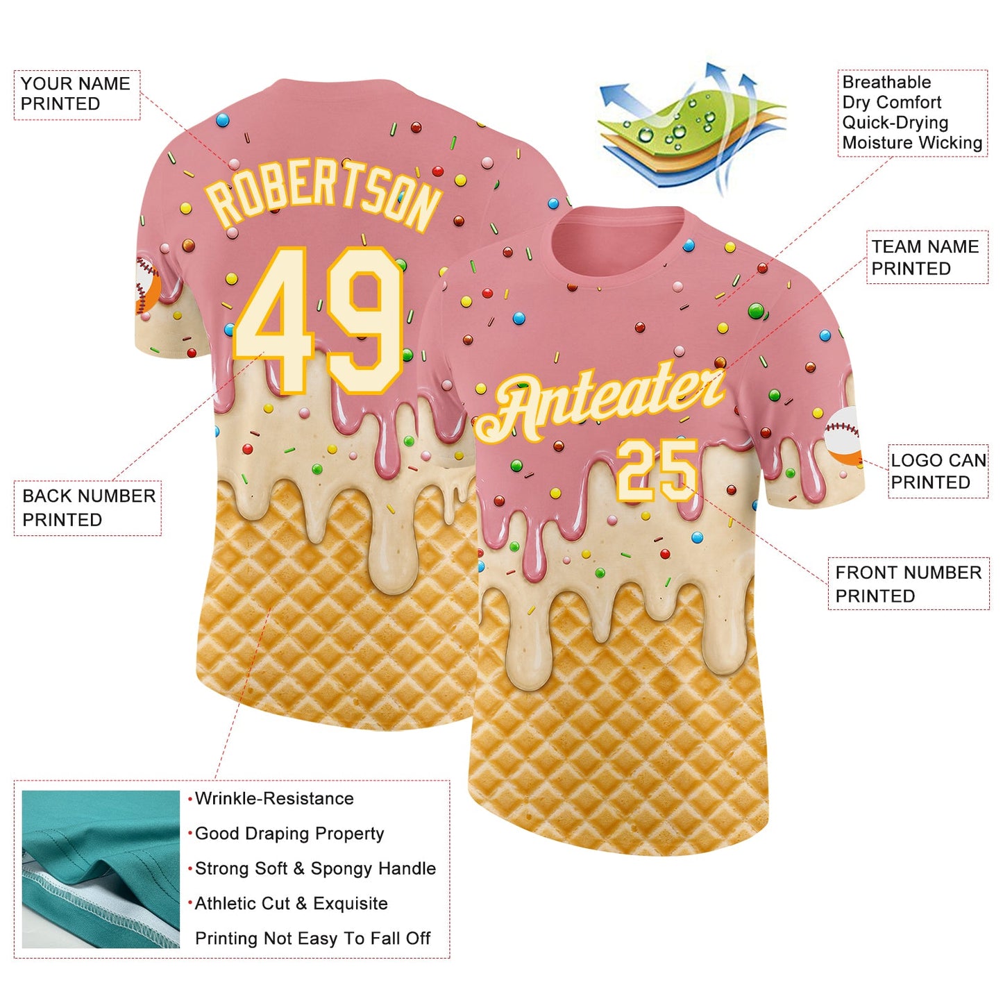 Custom Medium Pink Cream-Gold Ice Cream Waffle Foodie Dessert Performance T-Shirt view 2