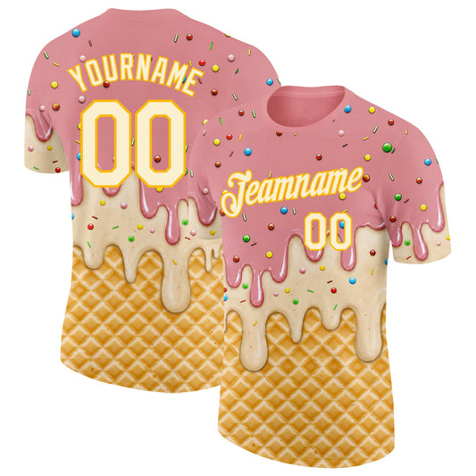 Custom Medium Pink Cream-Gold Ice Cream Waffle Foodie Dessert Performance T-Shirt - Main View