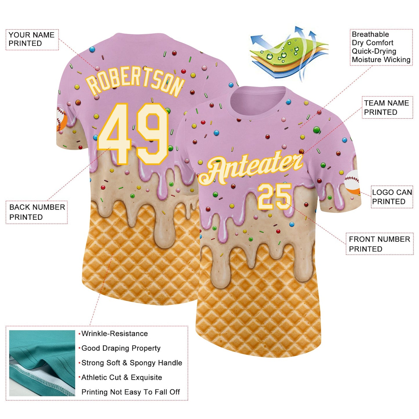Custom Light Pink Cream-Gold Ice Cream Waffle Foodie Dessert Performance T-Shirt view 2