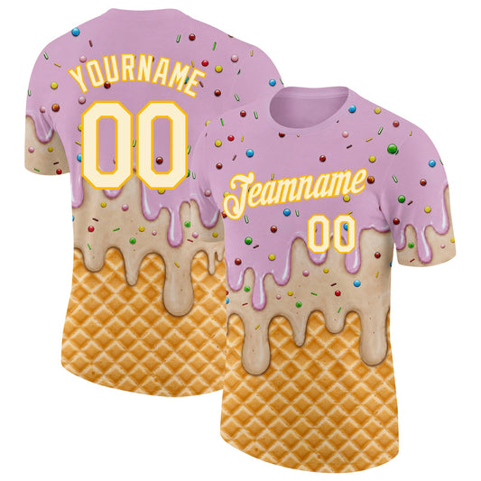 Custom Light Pink Cream-Gold Ice Cream Waffle Foodie Dessert Performance T-Shirt - Main View