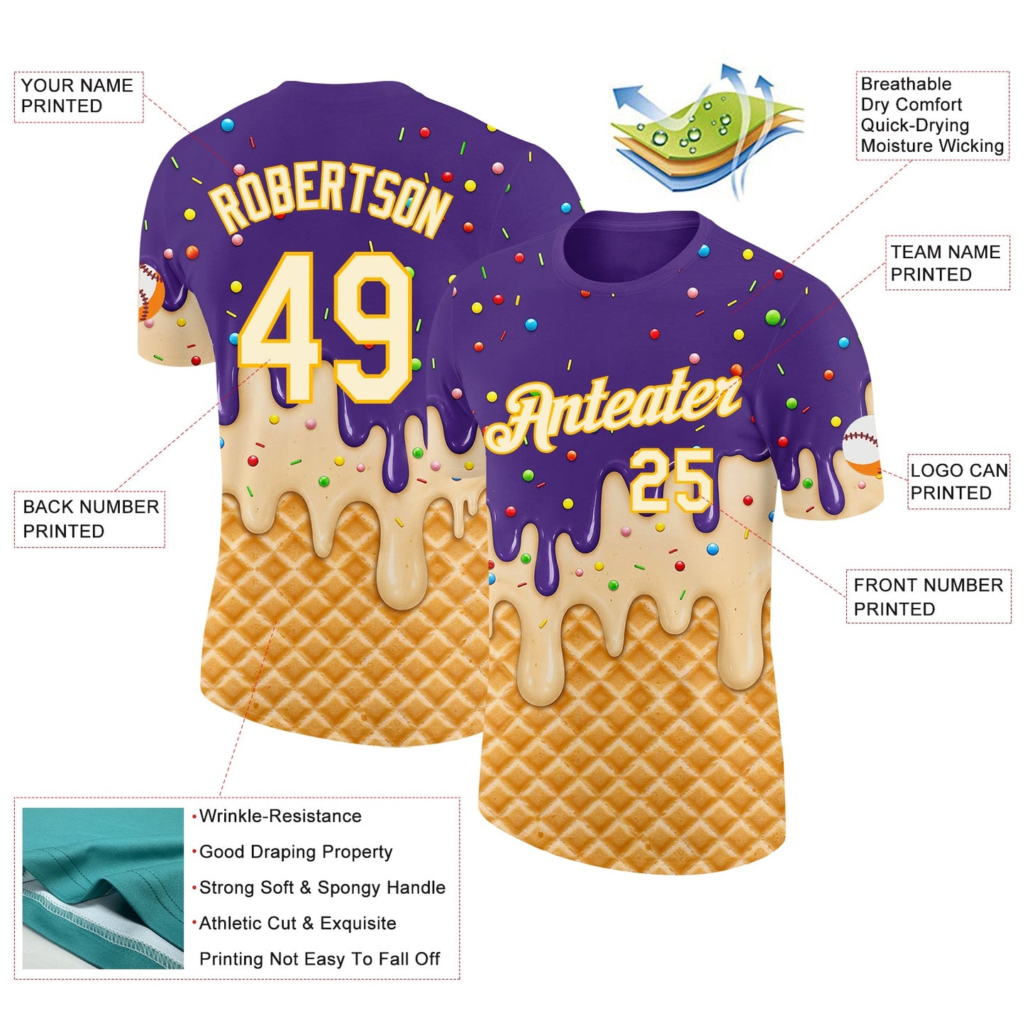 Custom Purple Cream-Gold Ice Cream Waffle Foodie Dessert Performance T-Shirt view 2